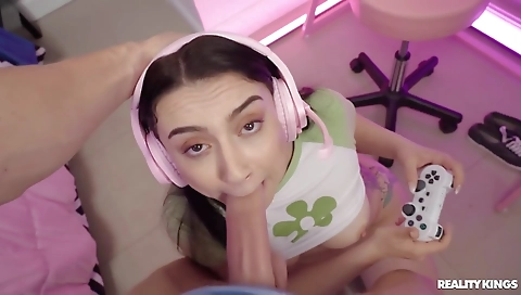 Sexy young chick masturbates with a thick dick