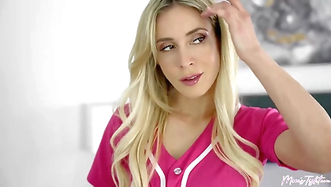 Blonde girl shows off her huge cock